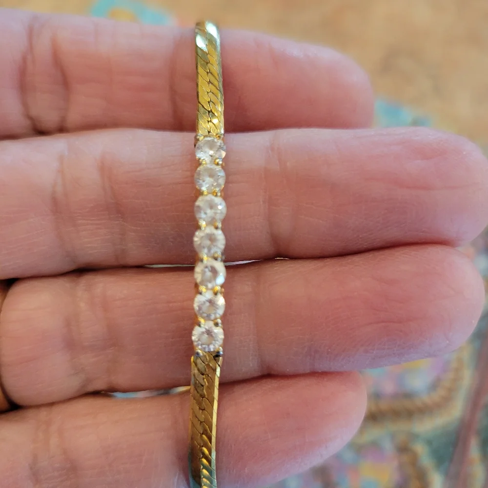 Pretty Gold-Tone Herringbone Bracelet ~ Rhinestone ~ Elegant